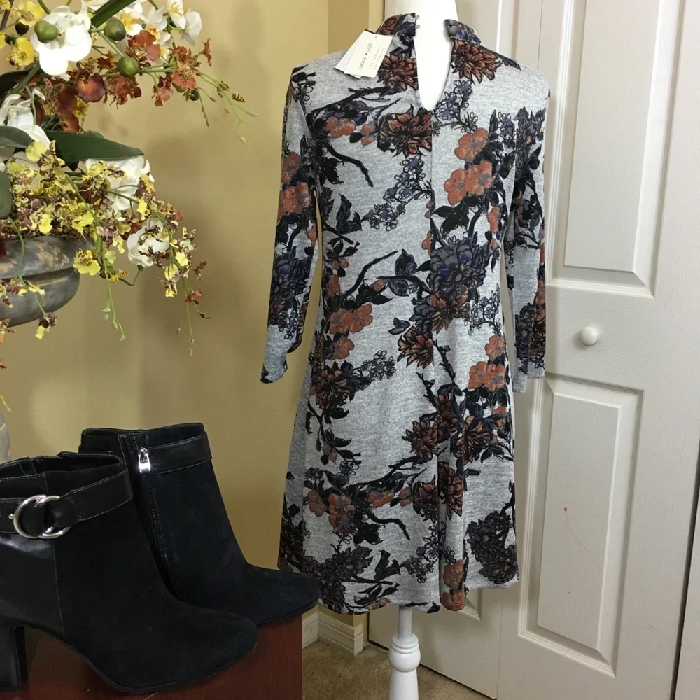 NWT Living Doll Keyhole Gray Floral Dress Size L Boho‎ Soft Grunge Romantic
